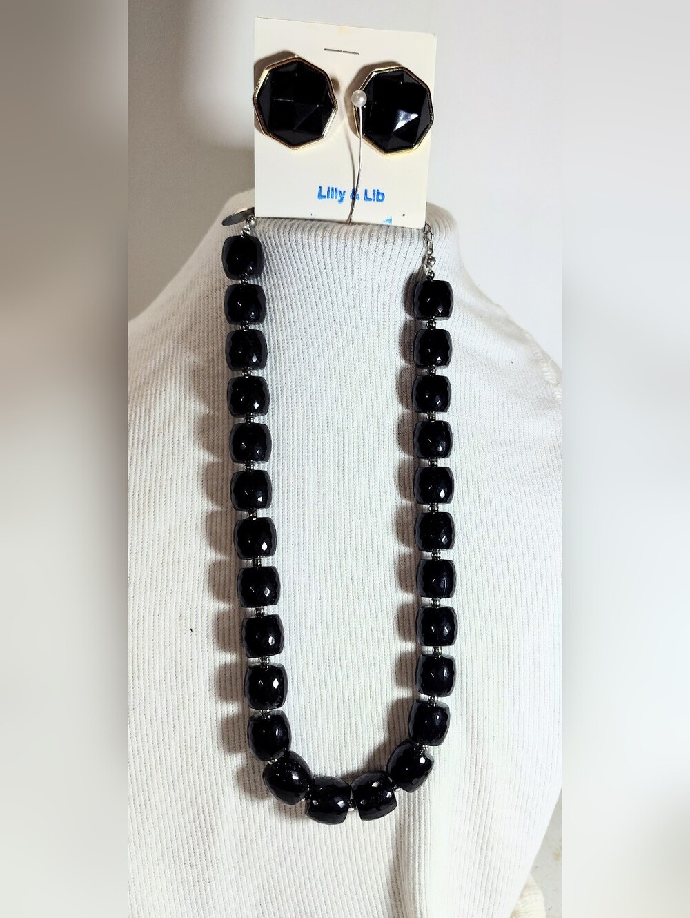 Black Beaded Necklace and Stud Earring Set